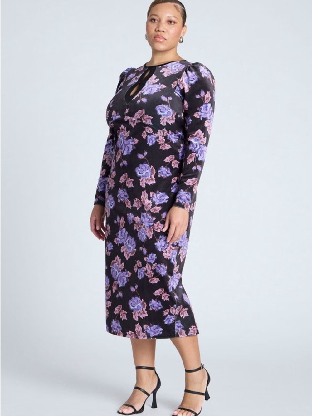 Eloquii Black Floral Keyhole Midi Dress with Purple and Pink Blooms
